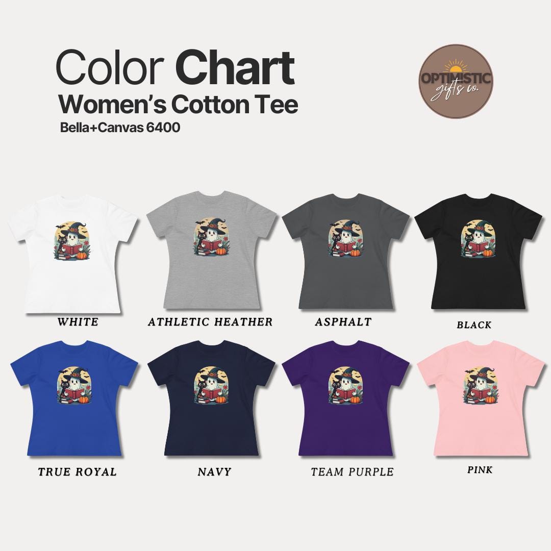 Witchy Book Buddy Women’s Cotton Tee Bella+Canvas 6400 Cute Ghost, Black Cat & Halloween Magic Fall Book Lover Gift Black Cat Lover Gift