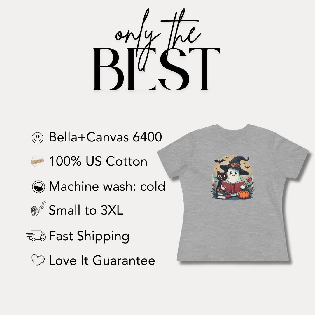Witchy Book Buddy Women’s Cotton Tee Bella+Canvas 6400 Cute Ghost, Black Cat & Halloween Magic Fall Book Lover Gift Black Cat Lover Gift