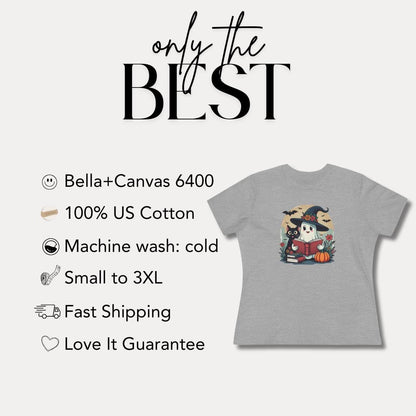 Witchy Book Buddy Women’s Cotton Tee Bella+Canvas 6400 Cute Ghost, Black Cat & Halloween Magic Fall Book Lover Gift Black Cat Lover Gift