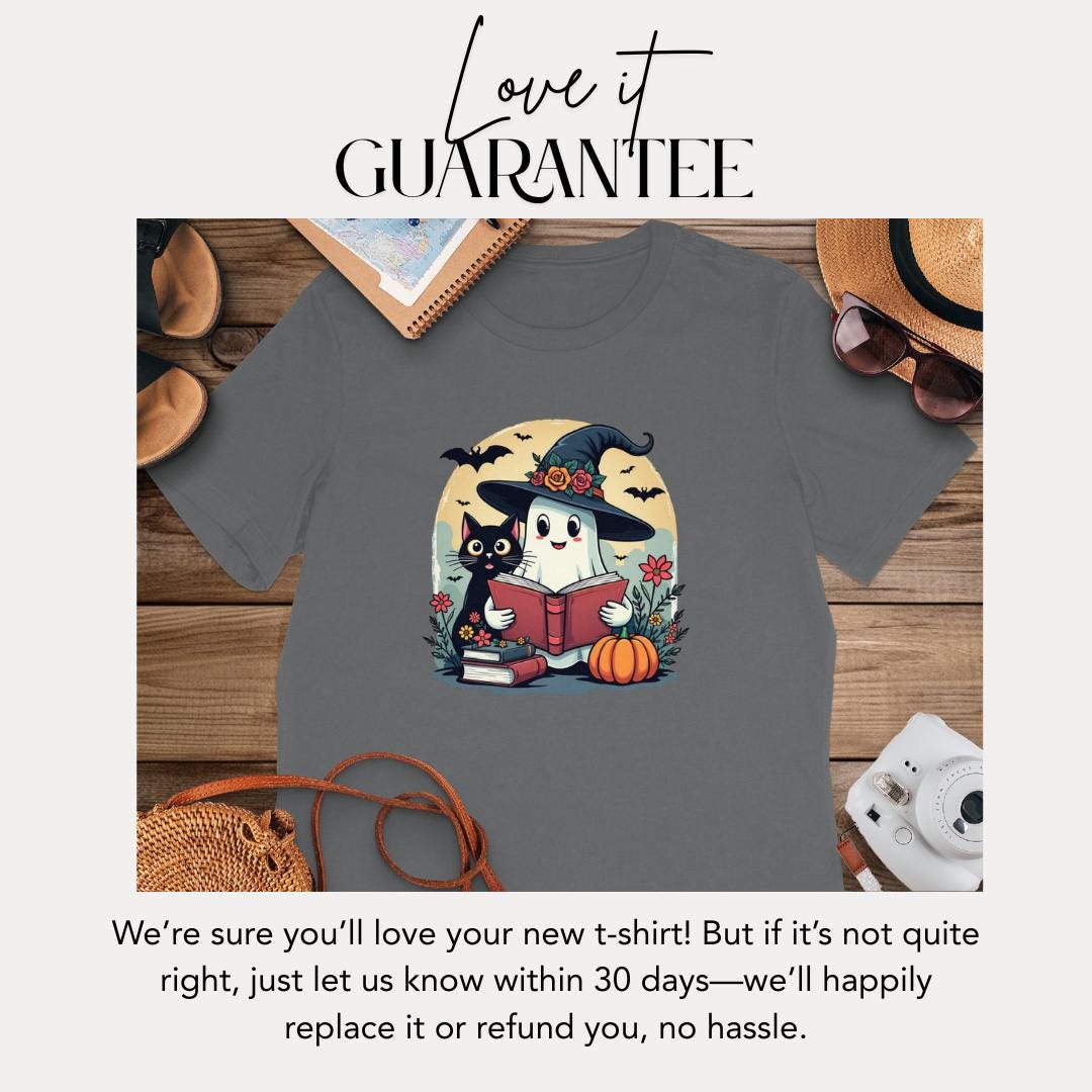 Witchy Book Buddy Women’s Cotton Tee Bella+Canvas 6400 Cute Ghost, Black Cat & Halloween Magic Fall Book Lover Gift Black Cat Lover Gift