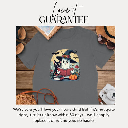 Witchy Book Buddy Women’s Cotton Tee Bella+Canvas 6400 Cute Ghost, Black Cat & Halloween Magic Fall Book Lover Gift Black Cat Lover Gift