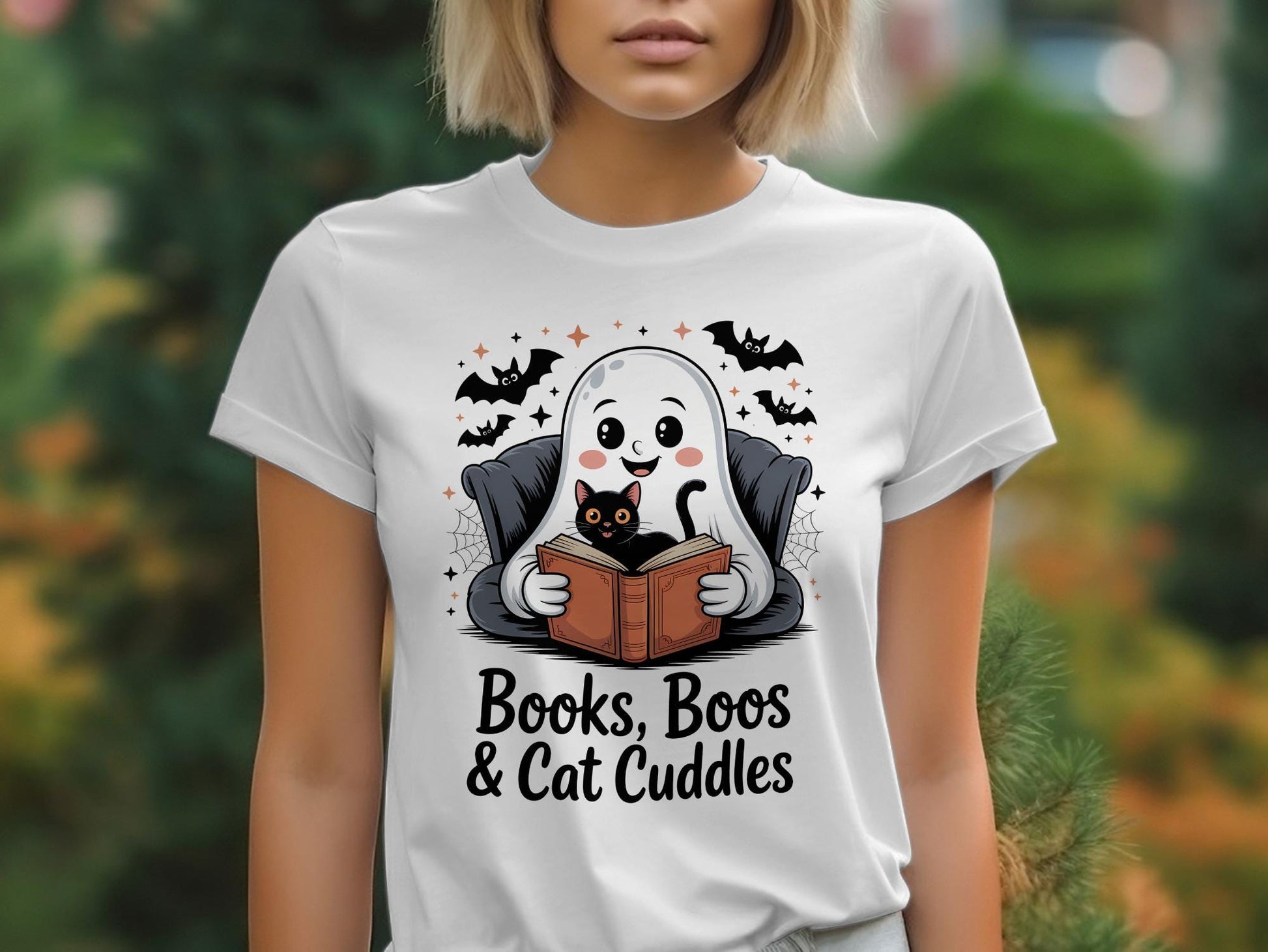 Books Boos and Cat Cuddles T-Shirt, Halloween Ghost Reading Shirt, Cute Cat Lover Gift, Spooky Season Tee