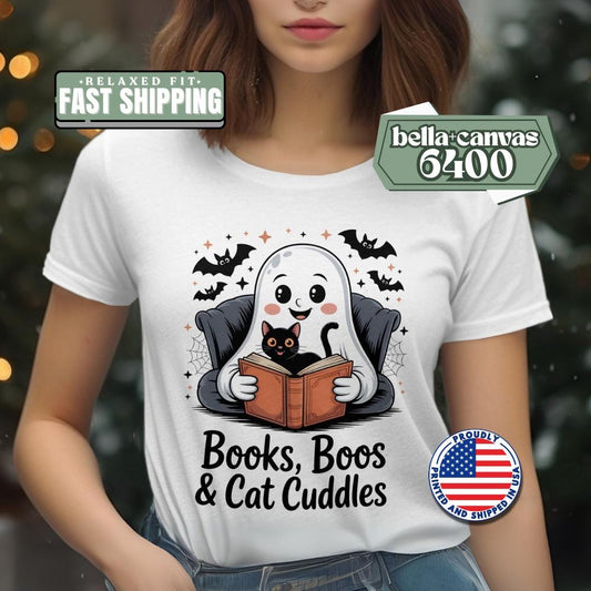 Books Boos Cat Cuddles Women’s Cotton Tee Bella+Canvas 6400 Cozy Fall Ghost & Cat Shirt Cute Ghost Reading Top Halloween Cat Lover Gift