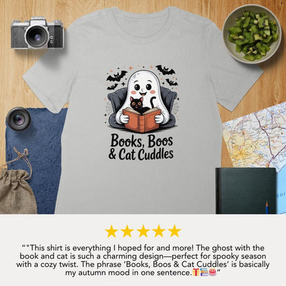 Books Boos Cat Cuddles Women’s Cotton Tee Bella+Canvas 6400 Cozy Fall Ghost & Cat Shirt Cute Ghost Reading Top Halloween Cat Lover Gift