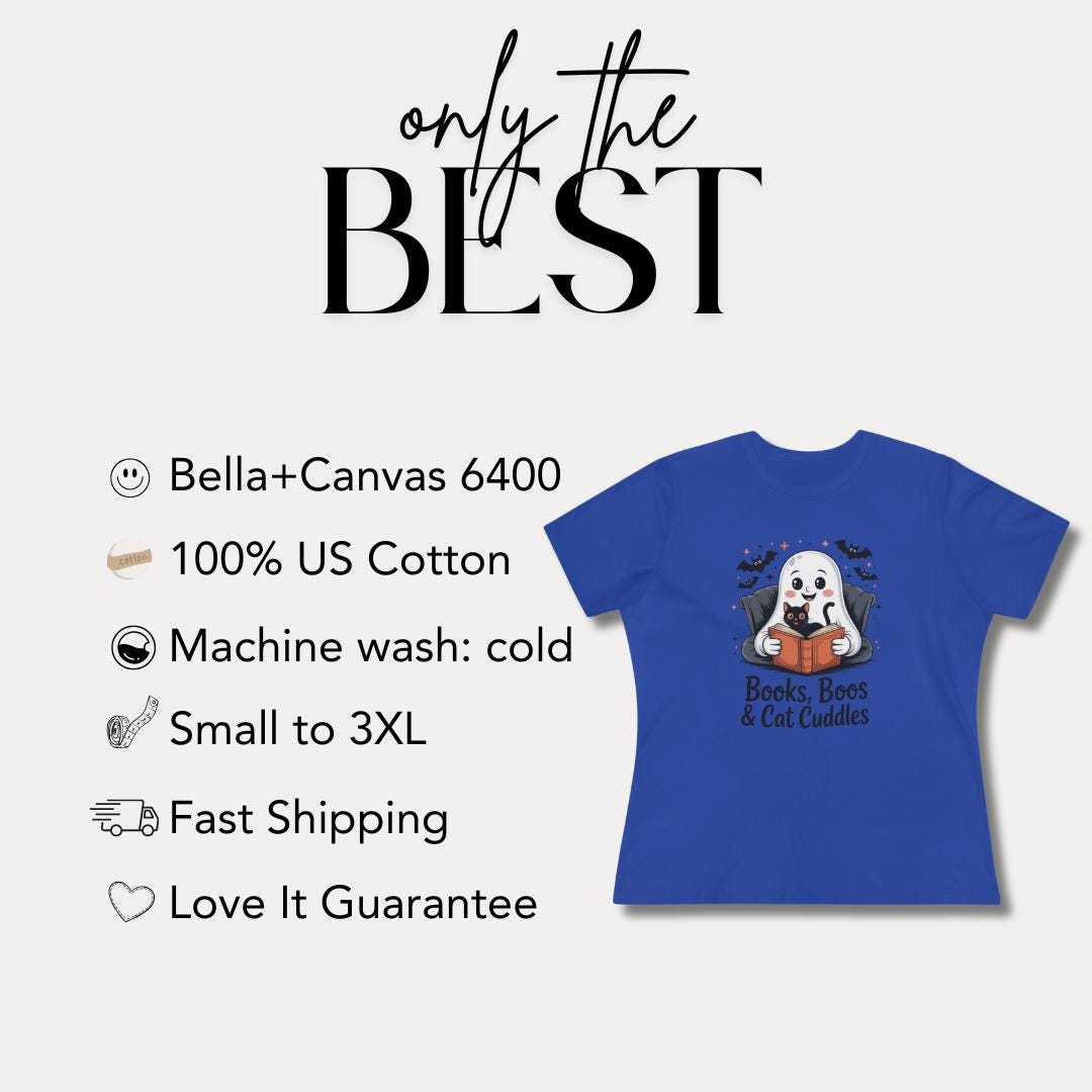Books Boos Cat Cuddles Women’s Cotton Tee Bella+Canvas 6400 Cozy Fall Ghost & Cat Shirt Cute Ghost Reading Top Halloween Cat Lover Gift