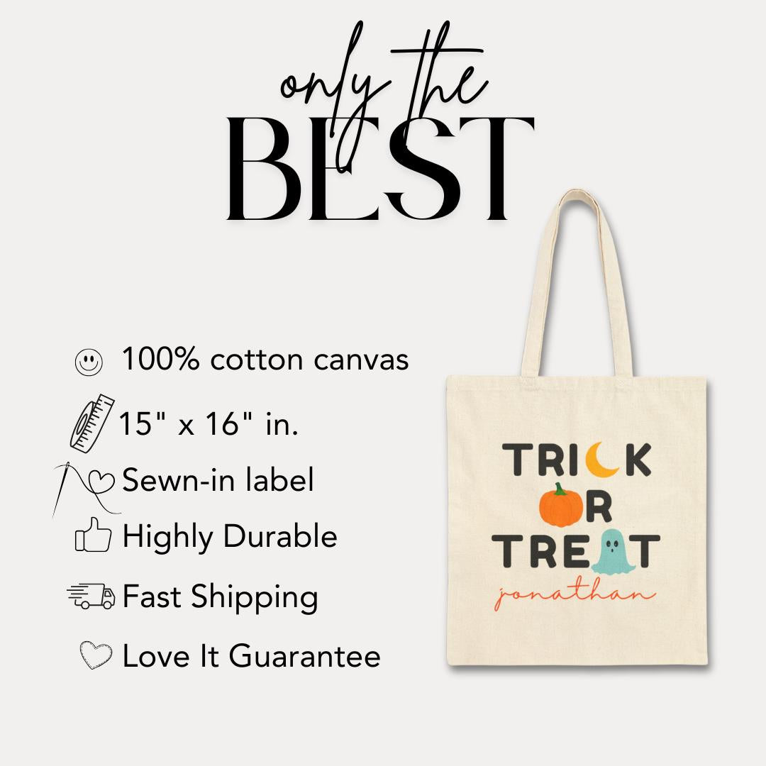 Personalized Halloween Trick or Treat Cotton Canvas Tote Bag for Kids with Name Spooky Fall Bag for Toddlers Preschoolers & Little Monsters