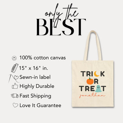 Personalized Halloween Trick or Treat Cotton Canvas Tote Bag for Kids with Name Spooky Fall Bag for Toddlers Preschoolers & Little Monsters