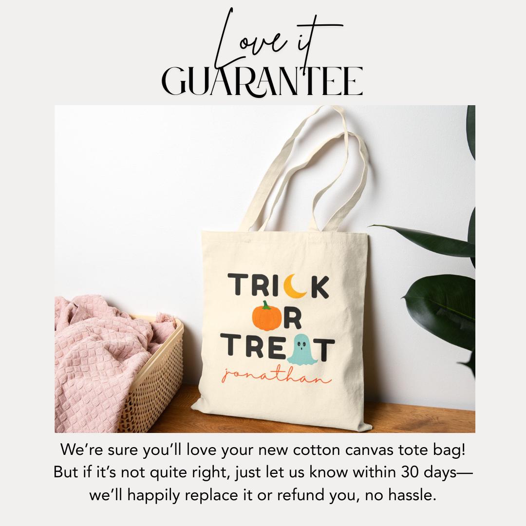Personalized Halloween Trick or Treat Cotton Canvas Tote Bag for Kids with Name Spooky Fall Bag for Toddlers Preschoolers & Little Monsters