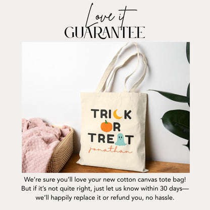Personalized Halloween Trick or Treat Cotton Canvas Tote Bag for Kids with Name Spooky Fall Bag for Toddlers Preschoolers & Little Monsters