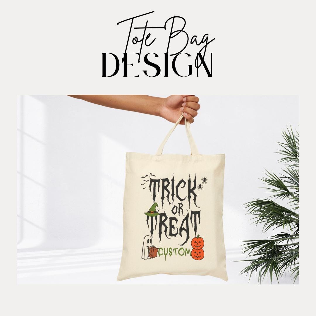 Personalized Trick or Treat Halloween Cotton Canvas Tote Bag for Kids Custom Name Candy Bag Cute Spooky Ghost Design Bag for Halloween Fun
