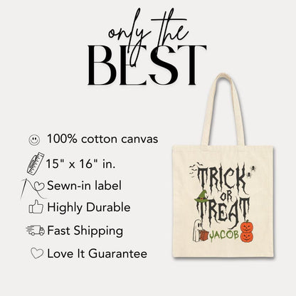 Personalized Trick or Treat Halloween Cotton Canvas Tote Bag for Kids Custom Name Candy Bag Cute Spooky Ghost Design Bag for Halloween Fun