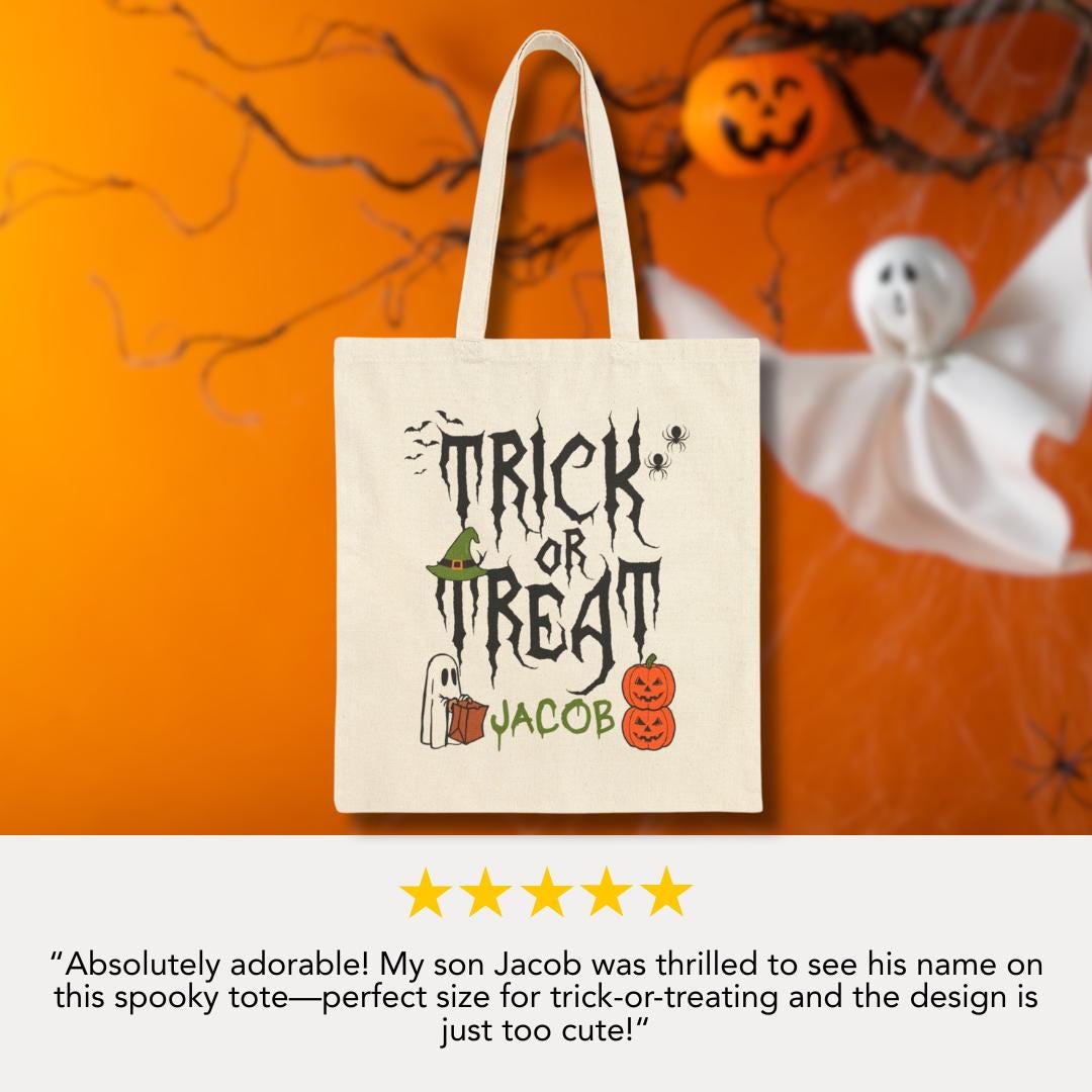 Personalized Trick or Treat Halloween Cotton Canvas Tote Bag for Kids Custom Name Candy Bag Cute Spooky Ghost Design Bag for Halloween Fun