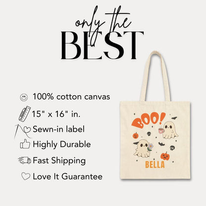 Personalized Spooky Ghost Boo! Cotton Canvas Tote Bag Halloween Tote Bag for Kids Cute Ghost & Pumpkin Design Custom Name Trick or Treat Bag