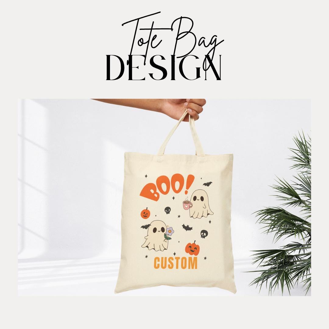 Personalized Spooky Ghost Boo! Cotton Canvas Tote Bag Halloween Tote Bag for Kids Cute Ghost & Pumpkin Design Custom Name Trick or Treat Bag