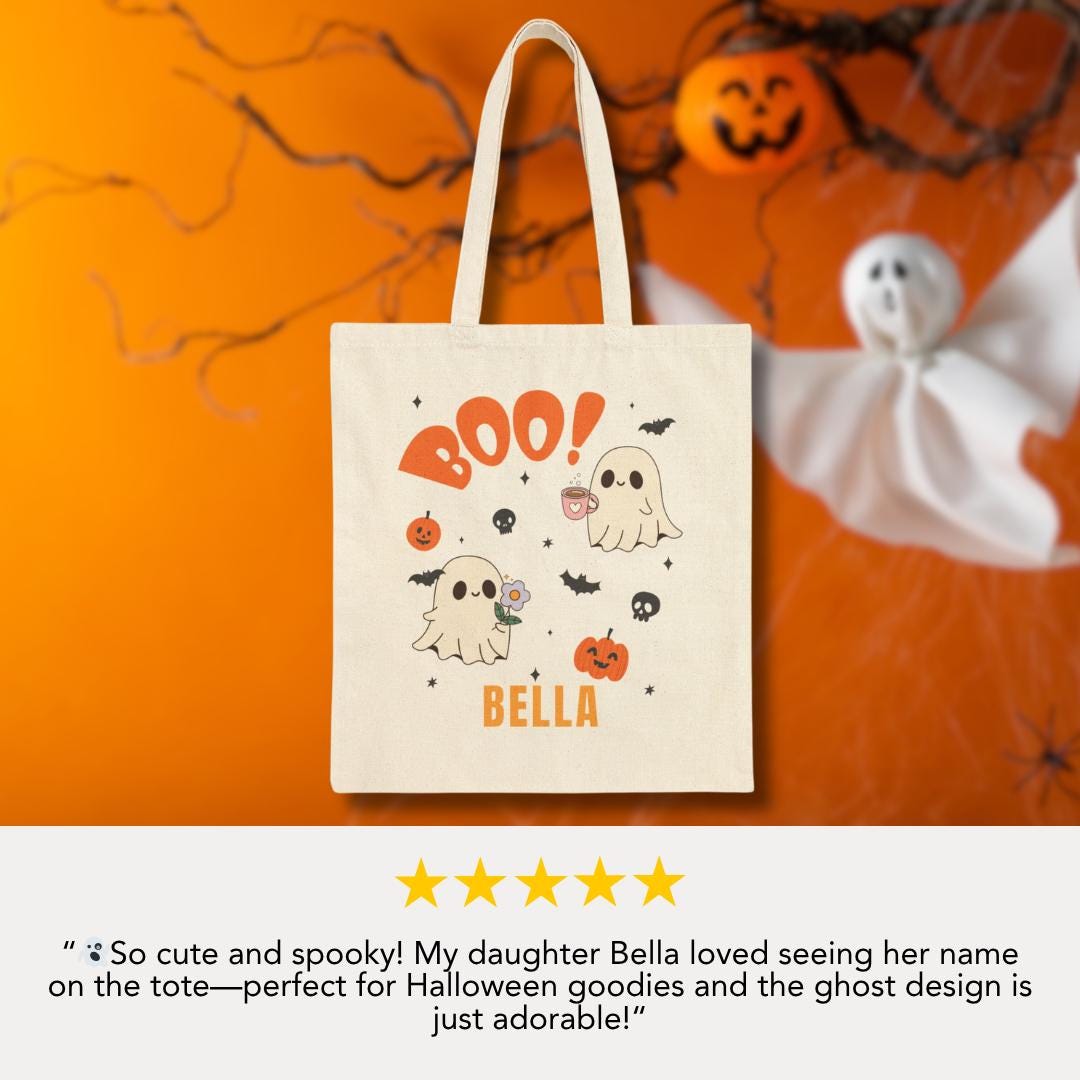 Personalized Spooky Ghost Boo! Cotton Canvas Tote Bag Halloween Tote Bag for Kids Cute Ghost & Pumpkin Design Custom Name Trick or Treat Bag