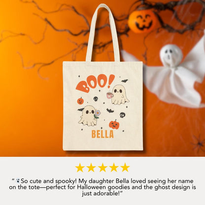 Personalized Spooky Ghost Boo! Cotton Canvas Tote Bag Halloween Tote Bag for Kids Cute Ghost & Pumpkin Design Custom Name Trick or Treat Bag