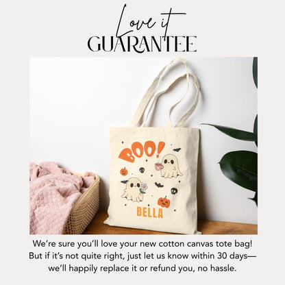 Personalized Spooky Ghost Boo! Cotton Canvas Tote Bag Halloween Tote Bag for Kids Cute Ghost & Pumpkin Design Custom Name Trick or Treat Bag