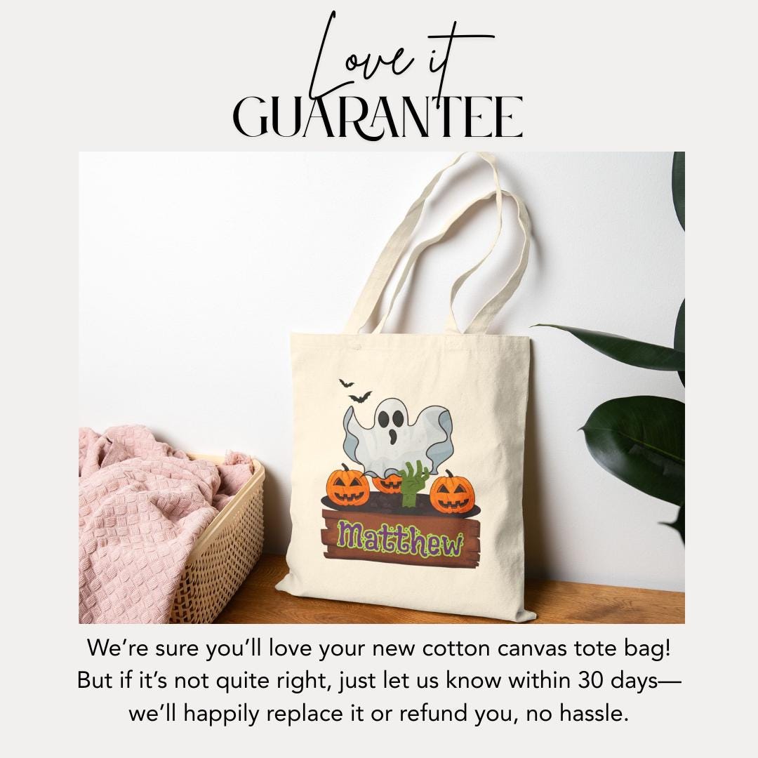 Personalized Spooky Halloween Cotton Canvas Tote Bag with Ghost and Pumpkins Custom Name Trick-or-Treat Bag Spooky & Fun Halloween Essential