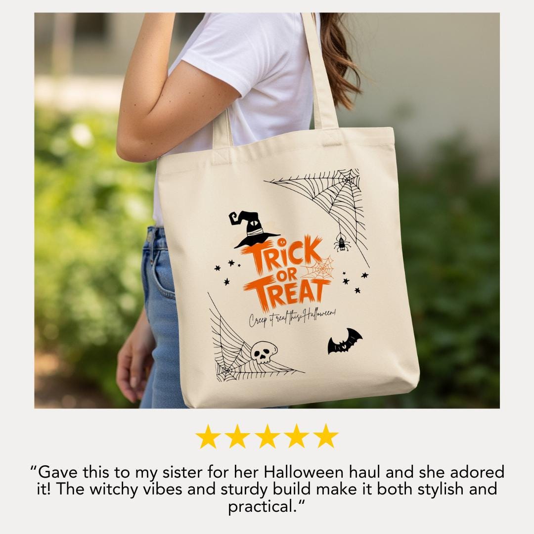 Spooky Fun Kids Halloween Cotton Canvas Tote Bag Perfect for Trick-Or-Treating Halloween Parties Fall Festivals Candy Hauling and School Use