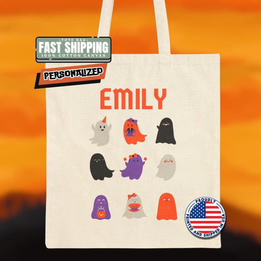 Personalized Cute Ghosts Cotton Canvas Tote Bag Halloween Tote Bag Adorable Trick-or-Treat Spooky Cute Tote Ghosties for Toddlers & Kids
