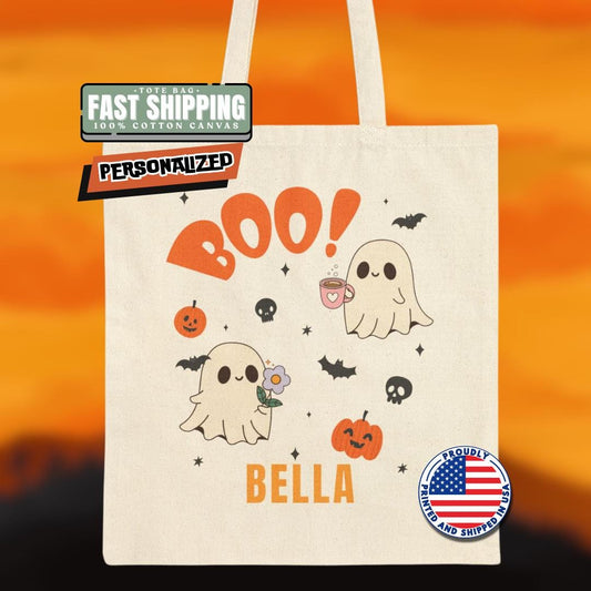 Personalized Spooky Ghost Boo! Cotton Canvas Tote Bag Halloween Tote Bag for Kids Cute Ghost & Pumpkin Design Custom Name Trick or Treat Bag