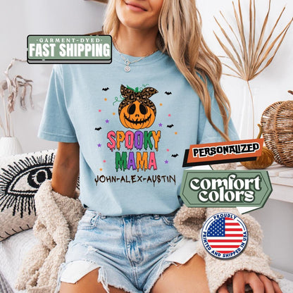 Personalized Spooky Mama Halloween Comfort Colors T-shirt Customized Kids' Name Shirt Boo Crew Shirt Spooky Season Gift Halloween Mom Shirt