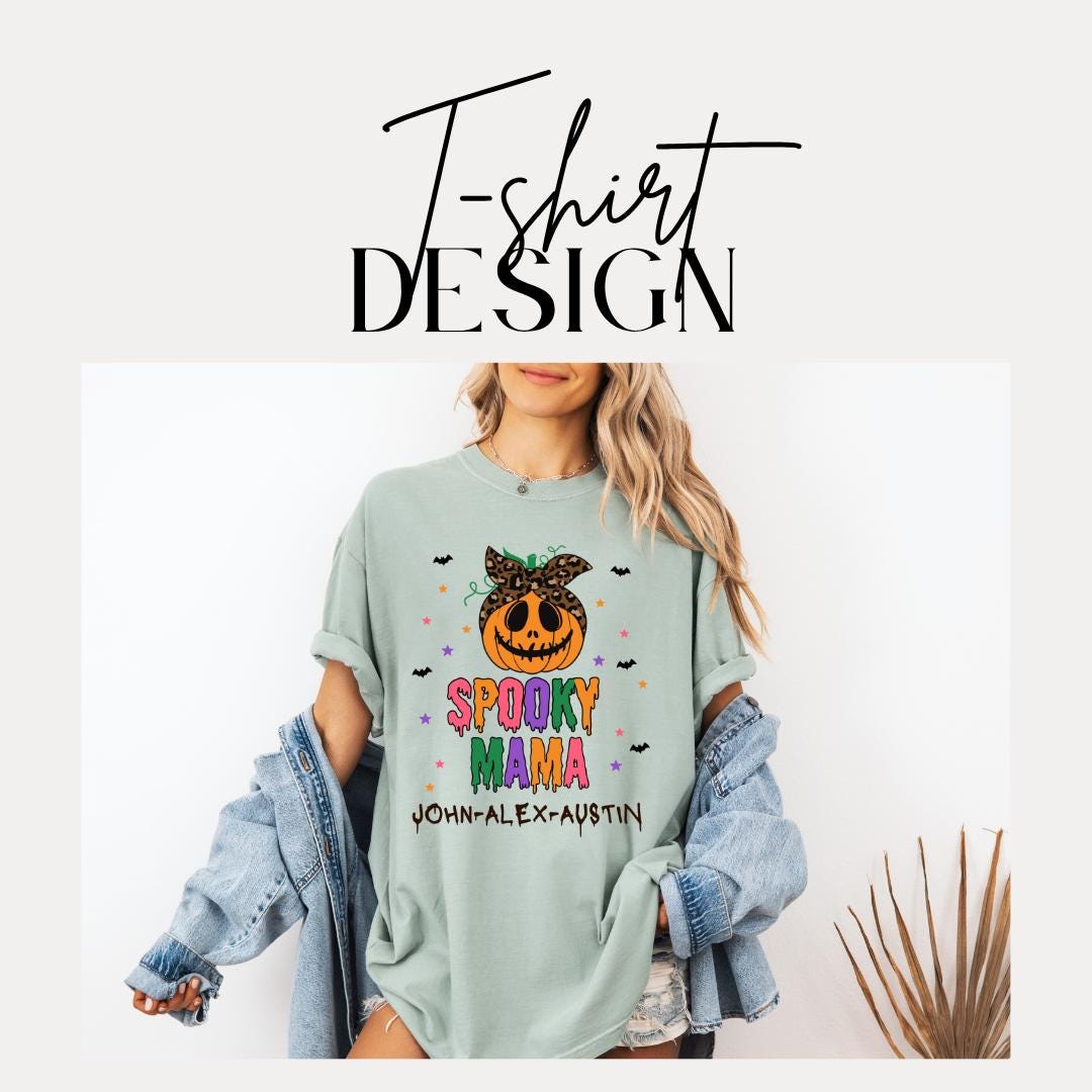 Personalized Spooky Mama Halloween Comfort Colors T-shirt Customized Kids' Name Shirt Boo Crew Shirt Spooky Season Gift Halloween Mom Shirt