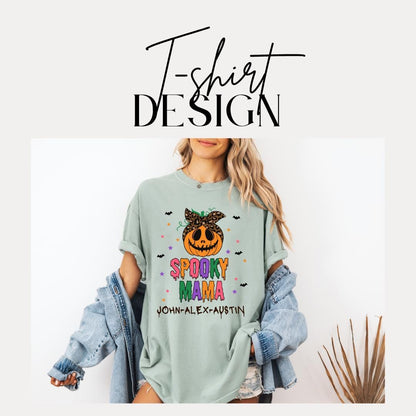 Personalized Spooky Mama Halloween Comfort Colors T-shirt Customized Kids' Name Shirt Boo Crew Shirt Spooky Season Gift Halloween Mom Shirt