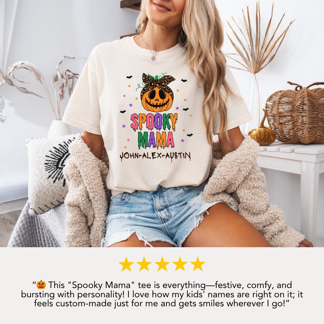 Personalized Spooky Mama Halloween Comfort Colors T-shirt Customized Kids' Name Shirt Boo Crew Shirt Spooky Season Gift Halloween Mom Shirt
