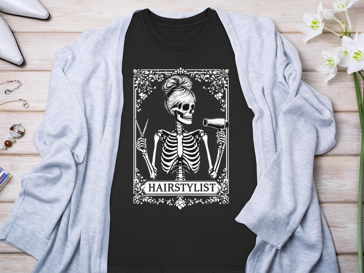 Hairstylist Skeleton Shirt, Hairdresser Tee, Funny Barber Gift, Cool Hair Stylist Apparel, Unique Salon T Shirt, Halloween Costume Top