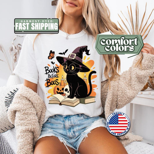 Books Before Boos T-Shirt Cute Halloween Black Cat Witch Graphic Tee Spooky Season Book Lover Gift Literary Halloween Shirt Bookworm Tee