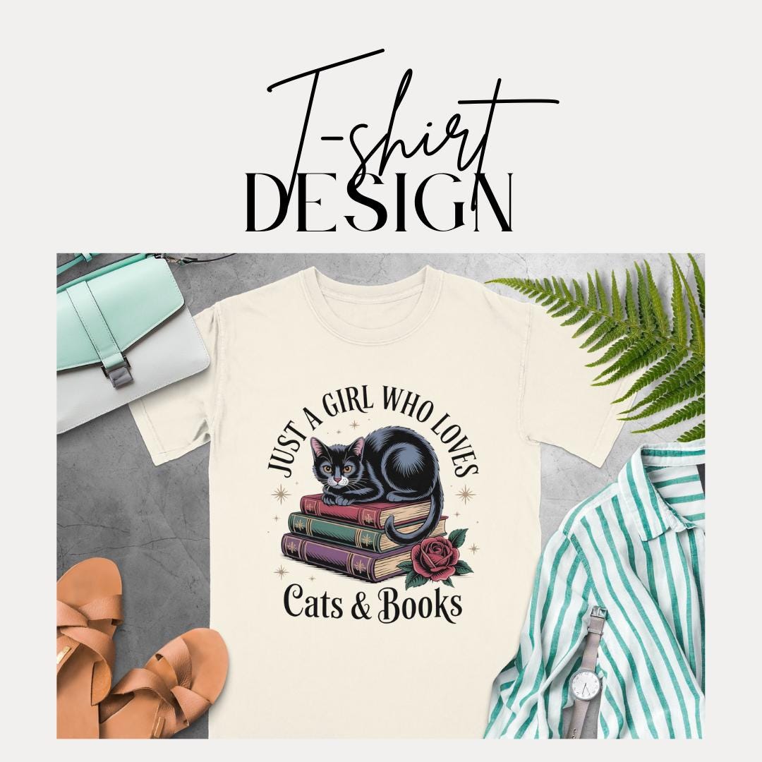 Just a Girl Who Loves Cats & Books T-Shirt Comfort Colors Cute Cat Lover Shirt Bookworm Tee Cozy Reading Cat Graphic Tee Gift for Booklover