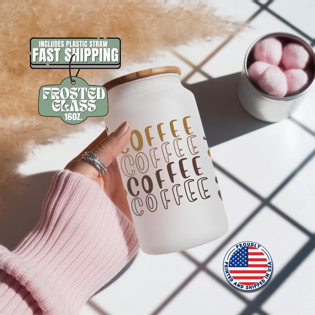 Coffee Lover 16oz Frosted Glass Cup with Bamboo Lid & Straw Cute Aesthetic Iced Coffee Glass Mug Gift Barista Gift for Coffee Addict Cup