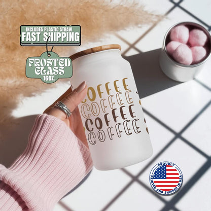 Coffee Lover 16oz Frosted Glass Cup with Bamboo Lid & Straw Cute Aesthetic Iced Coffee Glass Mug Gift Barista Gift for Coffee Addict Cup