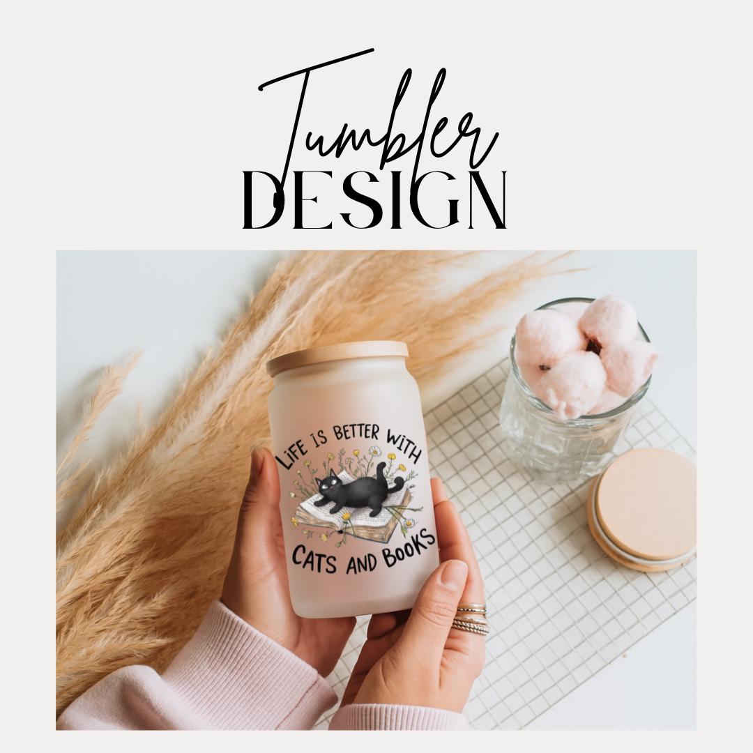 Life is Better with Cats and Books Frosted Glass Cup 16oz Frosted Glass Tumbler with Bamboo Lid & Straw Cat Lover Readers Gift for Her