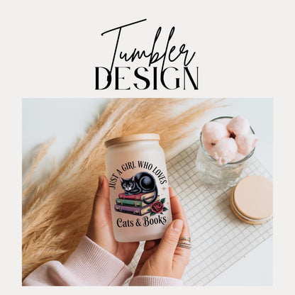 Just A Girl Who Loves Cats And Books Frosted Glass Cup 16oz Frosted Glass Tumbler with Bamboo Lid & Straw Cute Black Cat Gift For Cat Moms