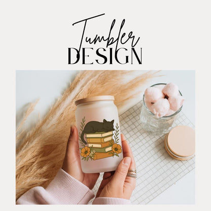 Cute Cat Tumbler with Books and Flowers 16oz Frosted Glass Cup with Bamboo Lid & Book Lover Gift for Readers Writers Teachers Coffee Glass