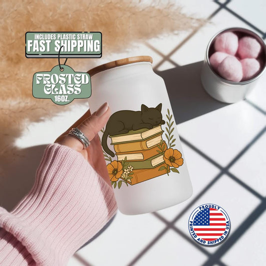 Cute Cat Tumbler with Books and Flowers 16oz Frosted Glass Cup with Bamboo Lid & Book Lover Gift for Readers Writers Teachers Coffee Glass