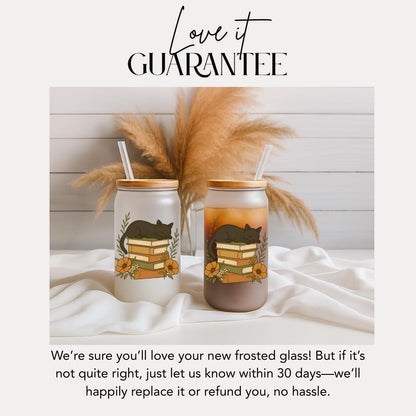 Cute Cat Tumbler with Books and Flowers 16oz Frosted Glass Cup with Bamboo Lid & Book Lover Gift for Readers Writers Teachers Coffee Glass