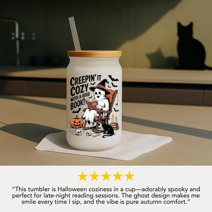 Creepin’ It Cozy Ghost Halloween Frosted Glass Cup 16oz Fall Frosted Glass Tumbler with Bamboo Lid & Straw Halloween Gift for Book Lovers