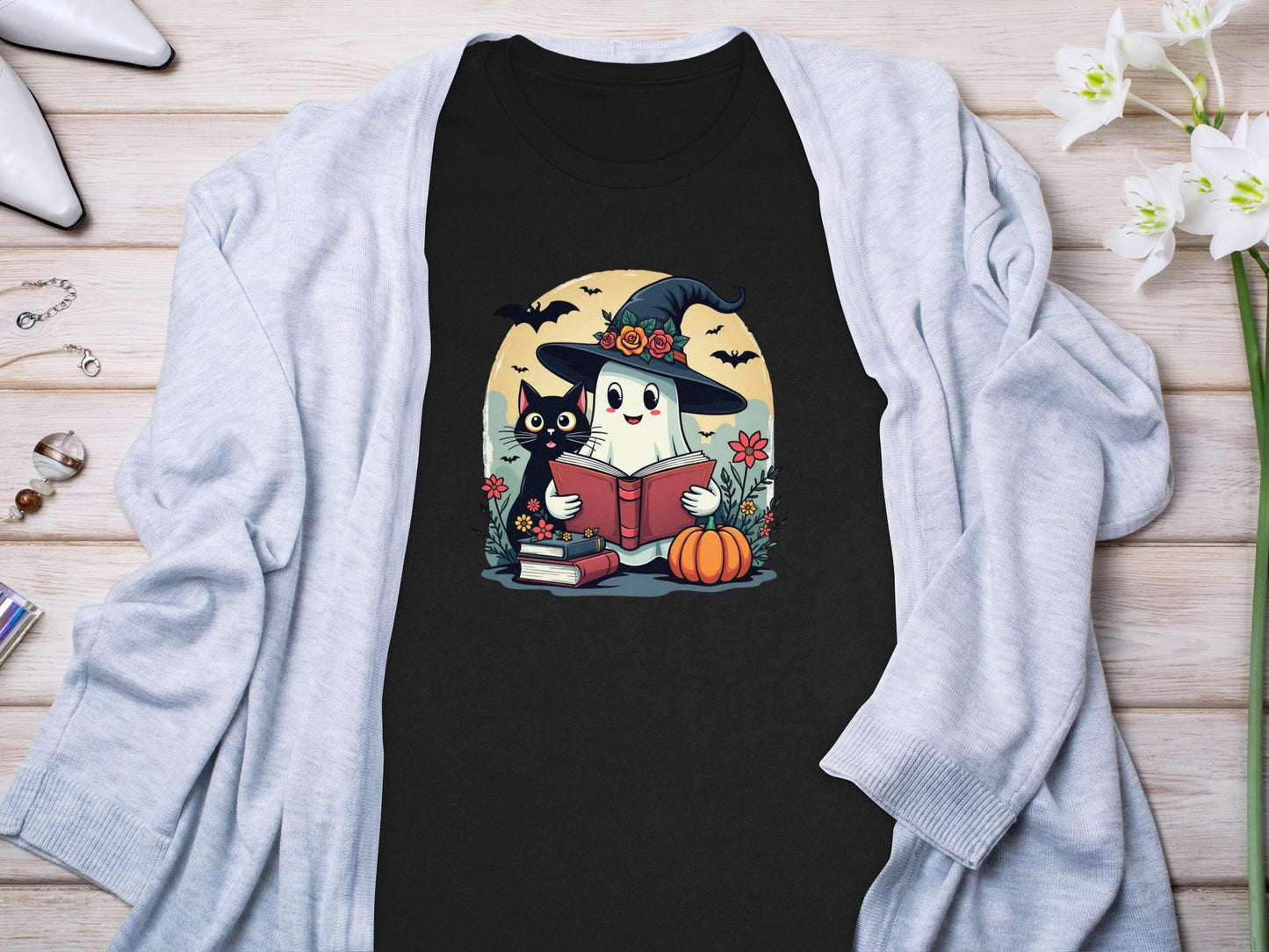 Cute Ghost Reading With Black Cat Halloween Shirt, Witch Hat Ghost and Cat T-Shirt, Spooky Halloween Tee, Pumpkin Shirt, Fall Outfit