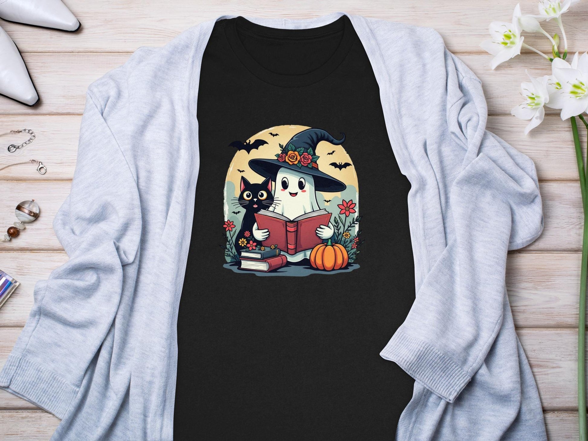 Cute Ghost Reading With Black Cat Halloween Shirt, Witch Hat Ghost and Cat T-Shirt, Spooky Halloween Tee, Pumpkin Shirt, Fall Outfit