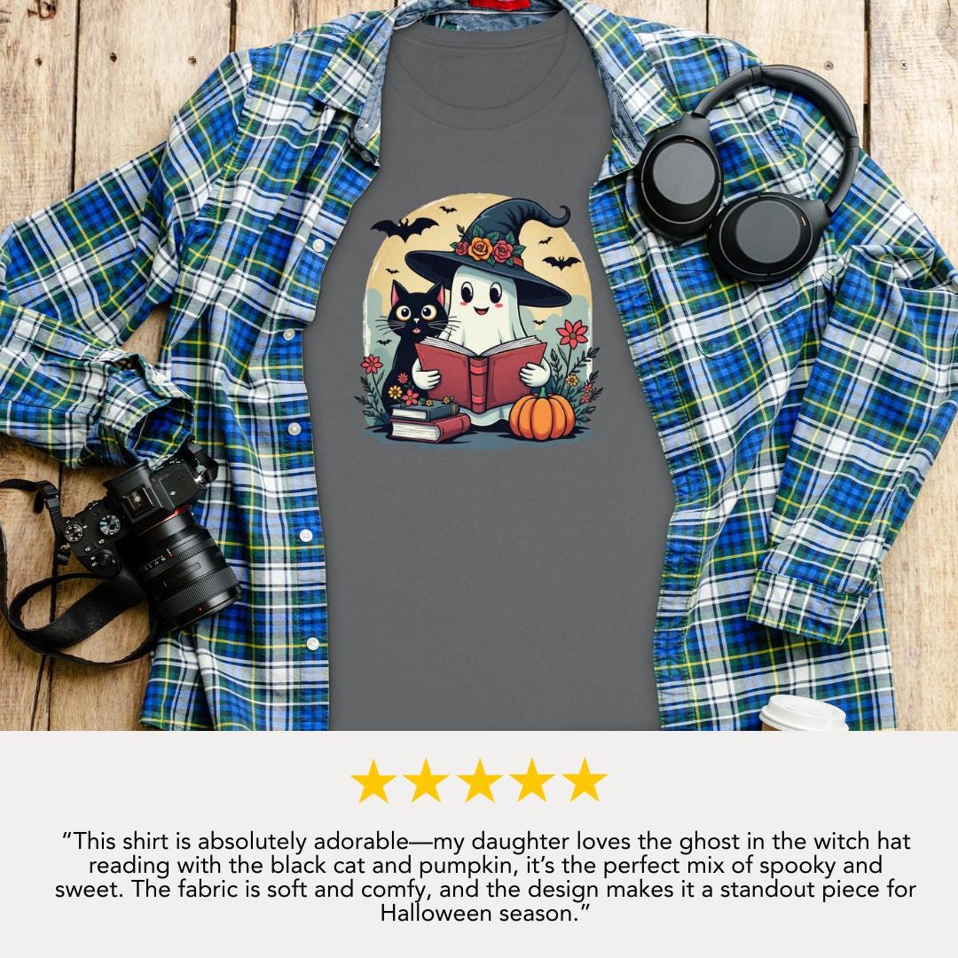 Witchy Book Buddy Women’s Cotton Tee Bella+Canvas 6400 Cute Ghost, Black Cat & Halloween Magic Fall Book Lover Gift Black Cat Lover Gift