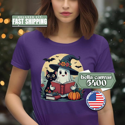 Witchy Book Buddy Women’s Cotton Tee Bella+Canvas 6400 Cute Ghost, Black Cat & Halloween Magic Fall Book Lover Gift Black Cat Lover Gift