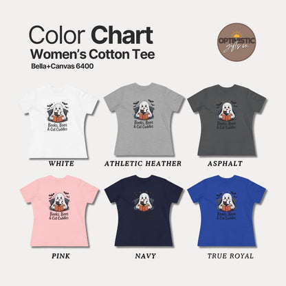 Books Boos Cat Cuddles Women’s Cotton Tee Bella+Canvas 6400 Cozy Fall Ghost & Cat Shirt Cute Ghost Reading Top Halloween Cat Lover Gift