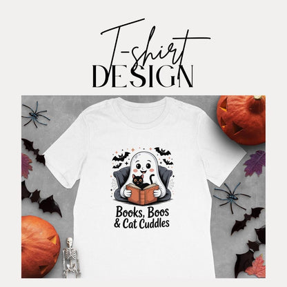 Books Boos Cat Cuddles Women’s Cotton Tee Bella+Canvas 6400 Cozy Fall Ghost & Cat Shirt Cute Ghost Reading Top Halloween Cat Lover Gift