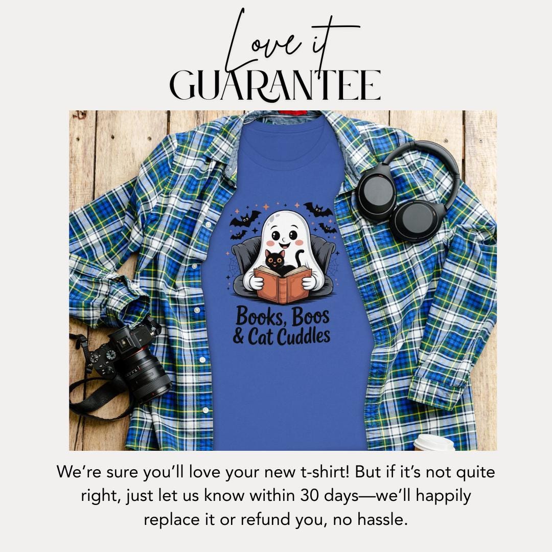 Books Boos Cat Cuddles Women’s Cotton Tee Bella+Canvas 6400 Cozy Fall Ghost & Cat Shirt Cute Ghost Reading Top Halloween Cat Lover Gift