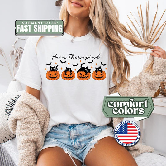 Hair Therapist Halloween T-Shirt Comfort Colors 1717 Funny Hairstylist Tee for Women Spooky Cute Cats in Pumpkins T-Shirt Salon Stylist Gift