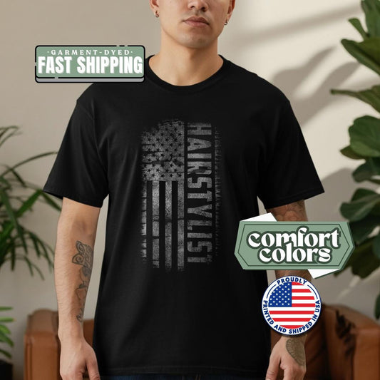 Hairstylist USA T-Shirt Comfort Colors Vintage Distressed USA Flag Hairdresser Shirt Cute Hairstylist Gift for Salon Owners & Hair Lovers