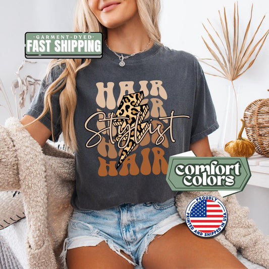 Hairstylist T-Shirt Comfort Colors Leopard Lightning Bolt Hairdresser Shirt Gift For Salon Owners Cute Hairdresser Gift Barber Life T-Shirt